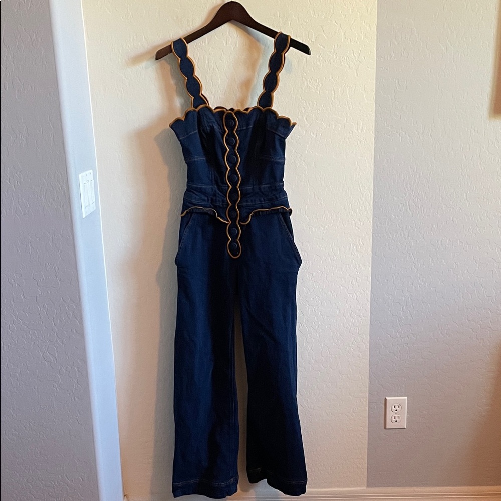 FARM Rio Dark Denim Wavy Trim Jumpsuit - Picture 4 of 7